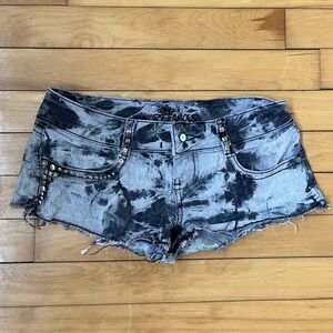 Y2K Almost Famous Acid Wash Studded Denim Shorts Black White Low Rise Size 3